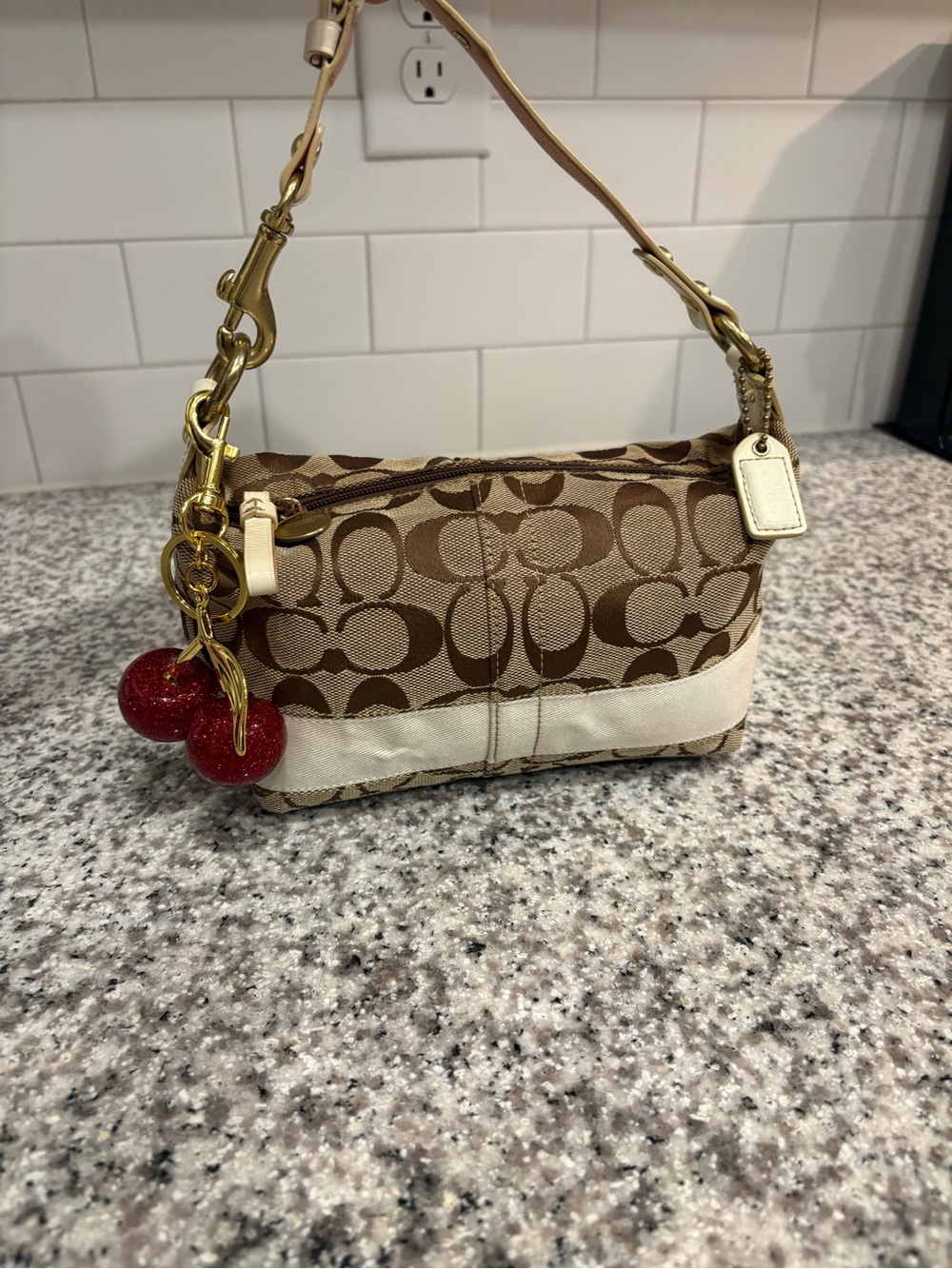 Coach Mini Shoulder Bag in Khaki, Cream with Red Charm